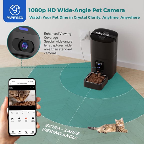 Automatic Cat Feeder with Camera, 6L Smart WiFi Dispenser for Dry Food, Scheduled Feeding, 1080P HD Monitoring, App Control, Dual Power Backup