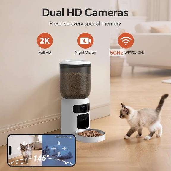 Automatic Cat Feeder with Dual 2K Camera, 5G WiFi Night Vision, App Controlled Pet Food Dispenser for Cats & Small Dogs