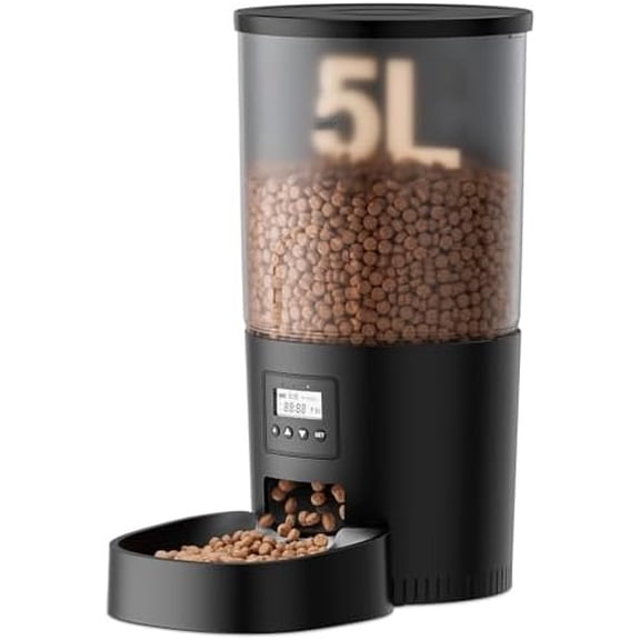 Automatic Cat Feeders, 5L Large Capacity, Timed Feeding Dry Food, Dual Power Design, Programmable Portion Size, 1-6 Meals Per Day, with Desiccant, Suitable for Small Pets Food Dispenser, Black