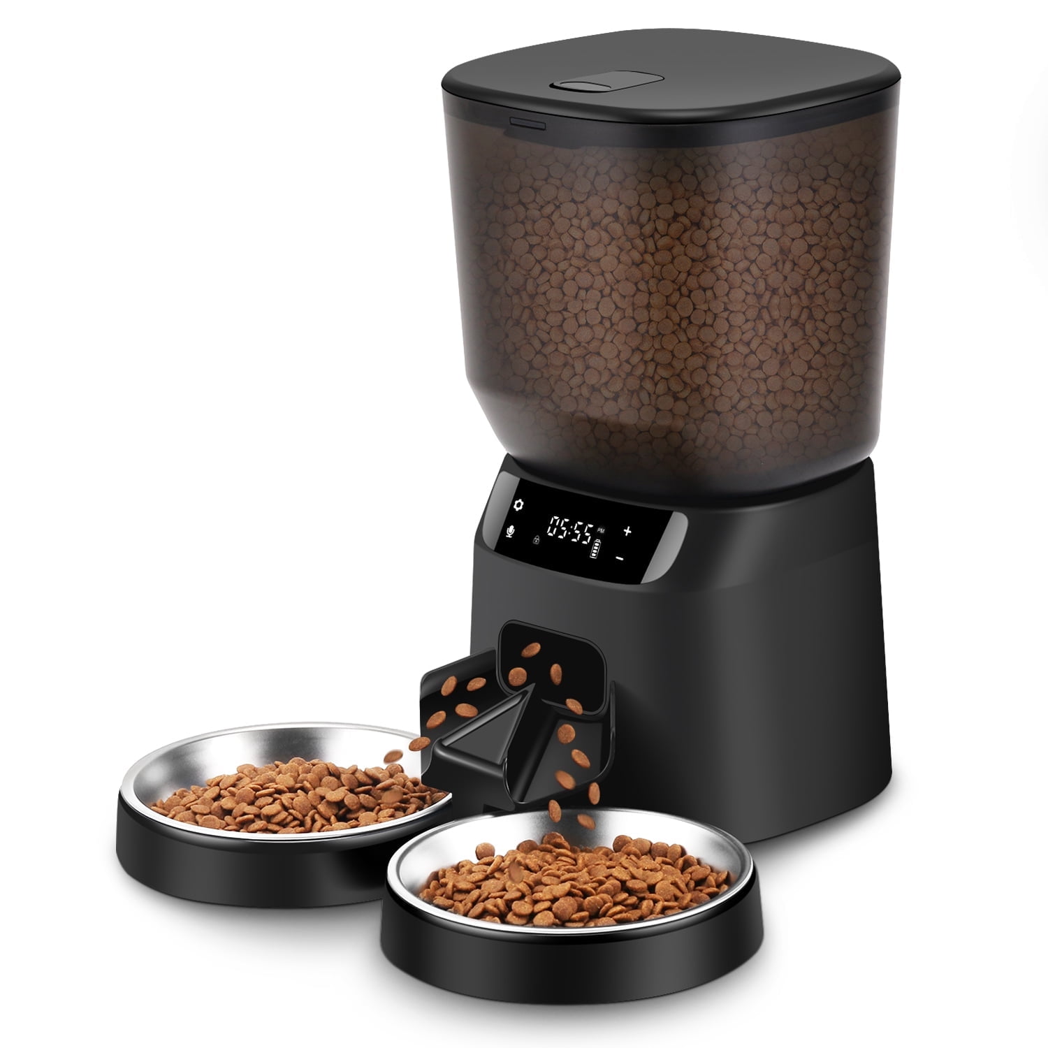 Automatic Cat Feeders for Two Cats, 5L/20 Cups Double Automatic Cat Food Dispenser with 2 Stainless Bowls, Timer Setting 20 Portions 6 Meals Per Day, 10s Meal Call, Pet Feeder for Cat