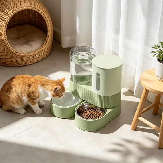 Automatic Cat Food Dispenser, Plastic Dual Bowl, 2 in 1 Pet Feeder with Water, for Busy Owners and Short Trips