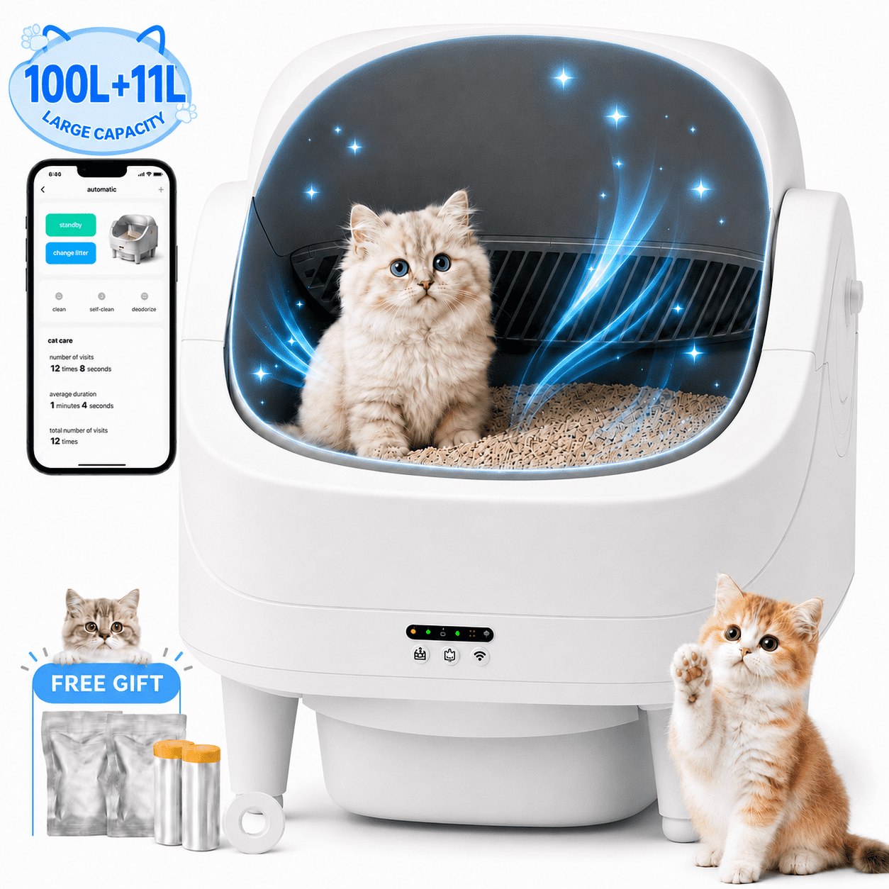 Automatic Cat Litter Box with 100L Capacity, Self Cleaning Cat Litter Box with APP Control, 11L Waste Bin, Safety Sensors, Odor Control, Quiet Operation, Open Top Litter Box for Multiple Cats, White