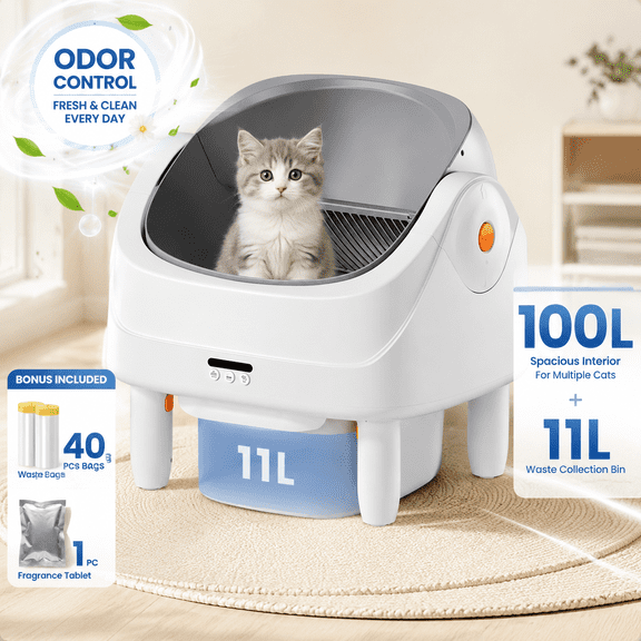 Automatic Cat Litter Box with Odor Control, Self Cleaning Litter Box with Smart App Control, Cat Litter Box Automatic Cleaning System, Health Monitoring, 100L+11L Large Capacity for Multiple Cats