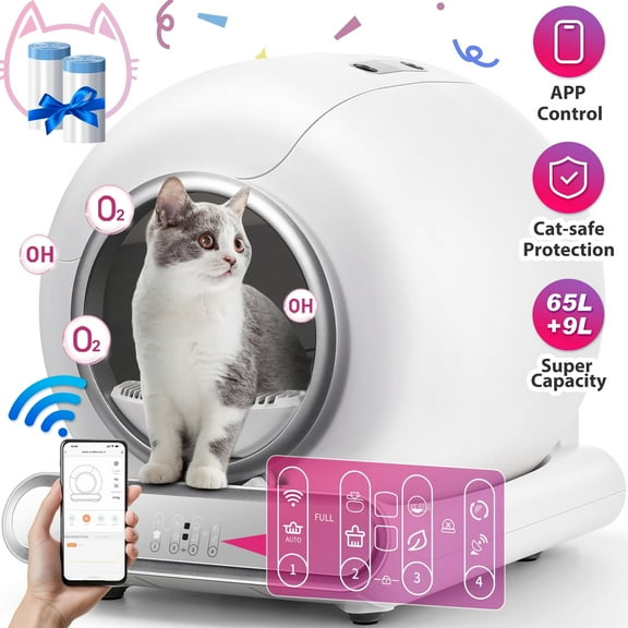 Automatic Cat Litter Box Self-Cleaning with APP Control Support 2.4G Wifi, Cat Litter Butler, 65L+9L Super Capacity, Odor-Free Waste Disposal Includes 2 Rolls Free Trash Bags