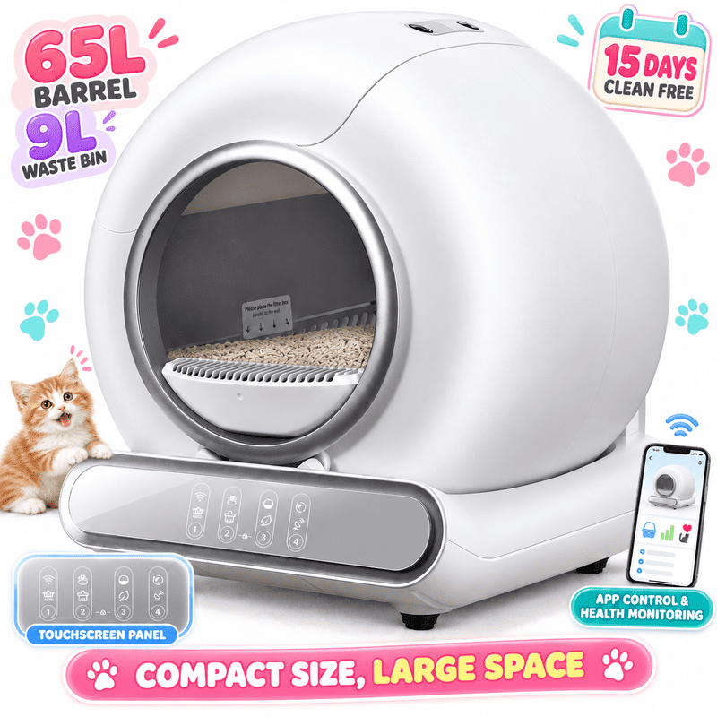 Automatic Cat Litter Box, Self Cleaning Litter Box with 65L Capacity, 9L Waste Bin, App Control, Odor Removal, 2.4GHz WiFi, Quiet Automatic Cleaning, for Large Cats and Multiple Cats