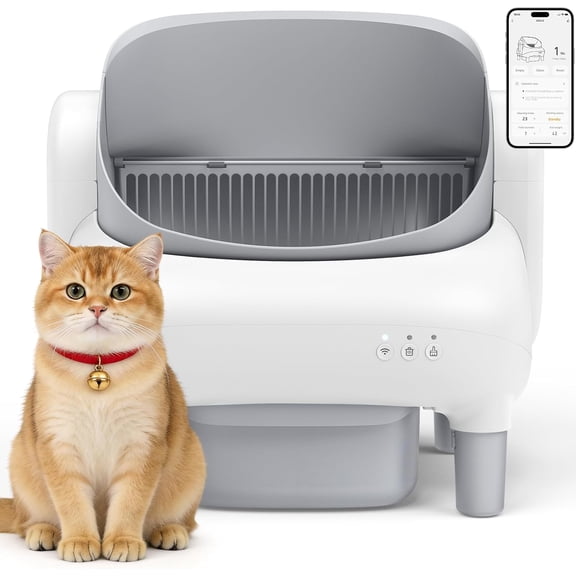 Automatic Cat Litter Box, Self Cleaning Litter Box for Multiple Cats with Open Top Design, App Control, Safet Protection,Ultra-Quiet,Easy Setup,Light Gray