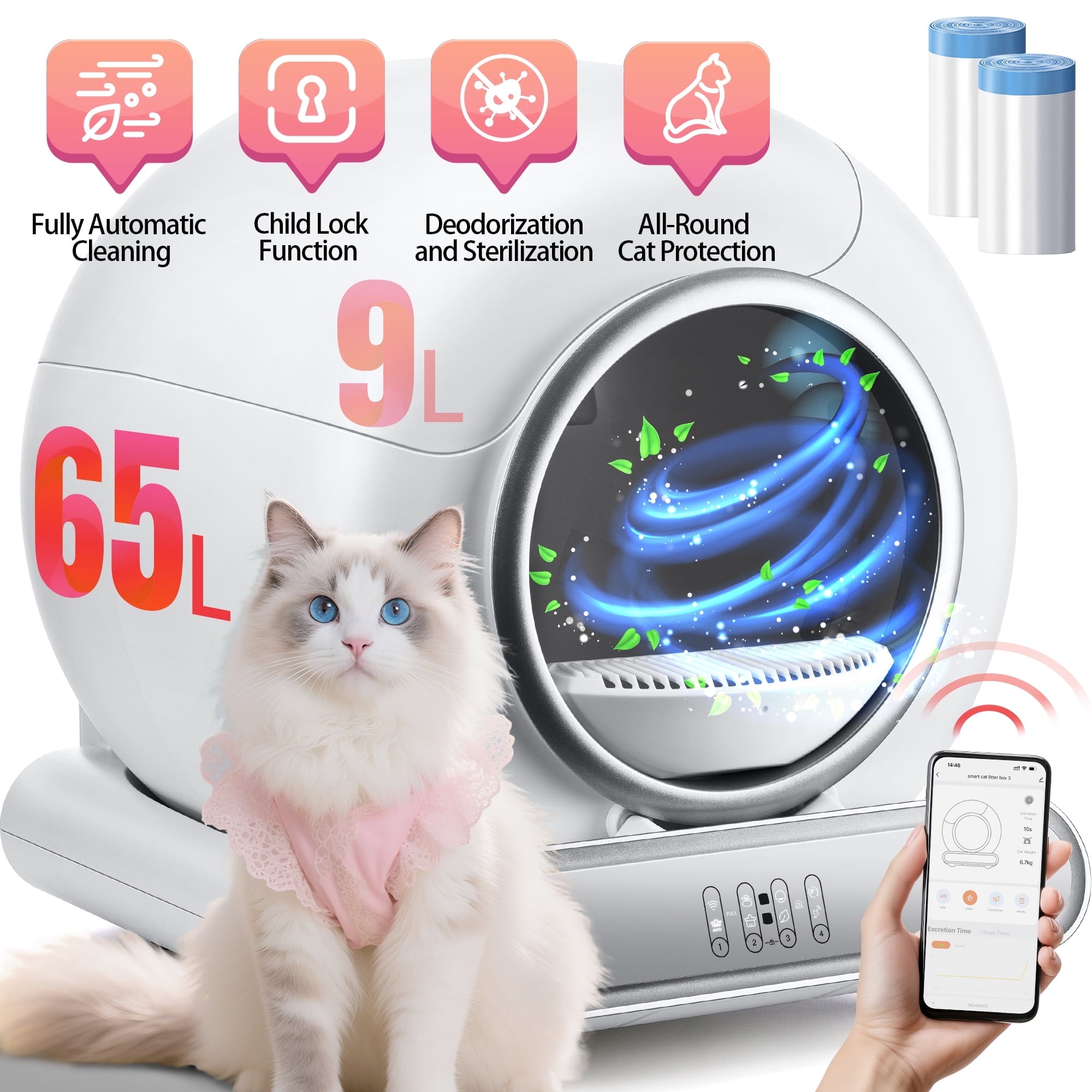 Automatic Cat Litter Box, Self Cleaning Litter Box with Safety Sensor & Anti-Pinch Structure, Smart APP+ Panel Control, 18lbs Weight Capacity, 65+9L Extra Large for Multi-Cat