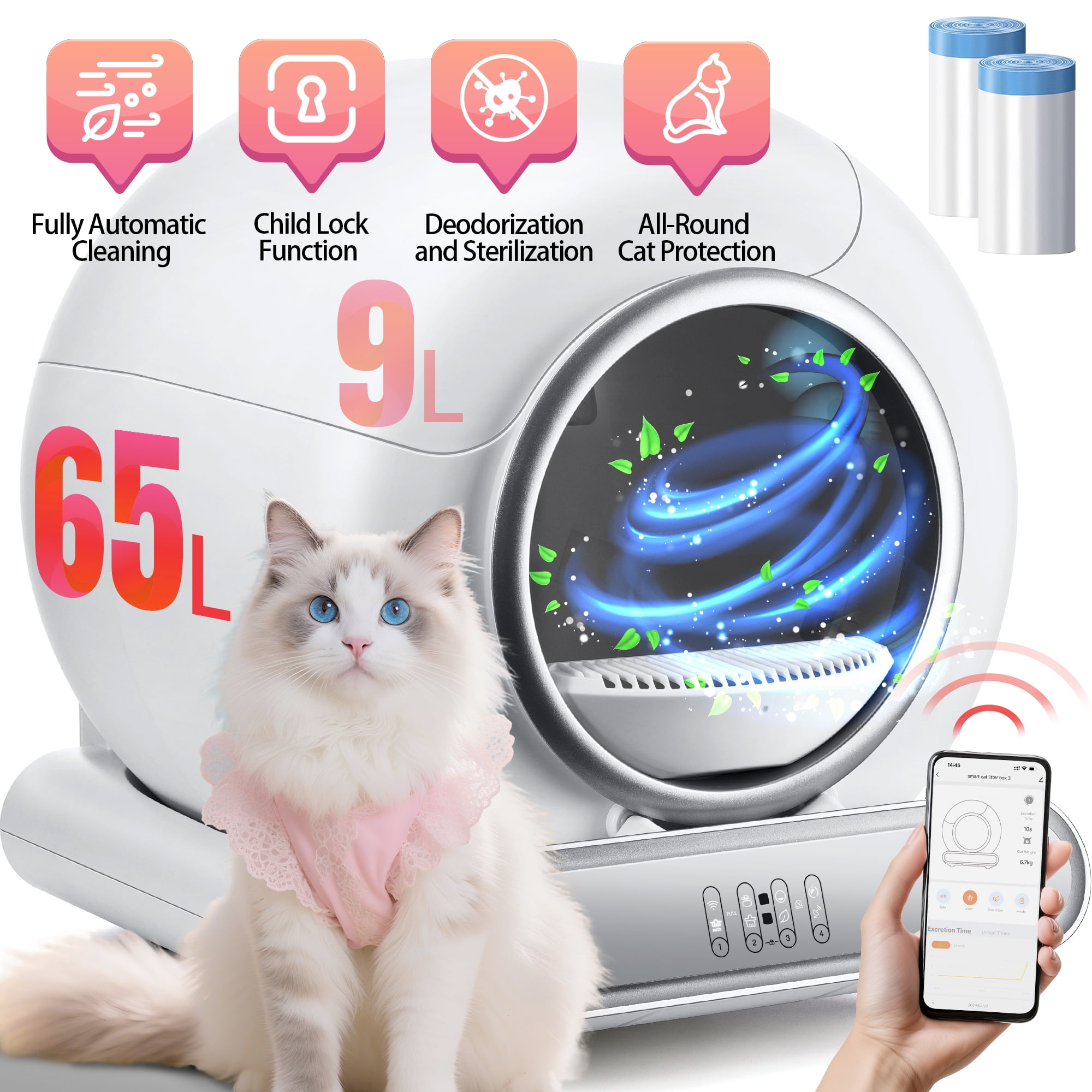 Walmart discounts of Automatic Cat Litter Box, Self Cleaning Litter Box with Safety Sensor & Anti-Pinch Structure, Smart APP+ Panel Control, 18lbs Weight Capacity, 65+9L Extra Large for Multi-Cat