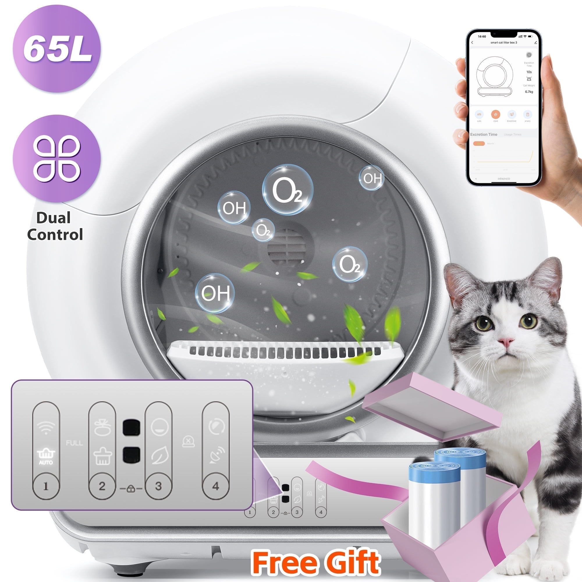 Automatic Cat Litter Box, Self-Cleaning Litter Box, Wifi-Enabled with 2.4G APP Control, Designed for Multiple Cats, Odor Removal, No-Disturb, Sensor Safety, Large 65+9L Capacity