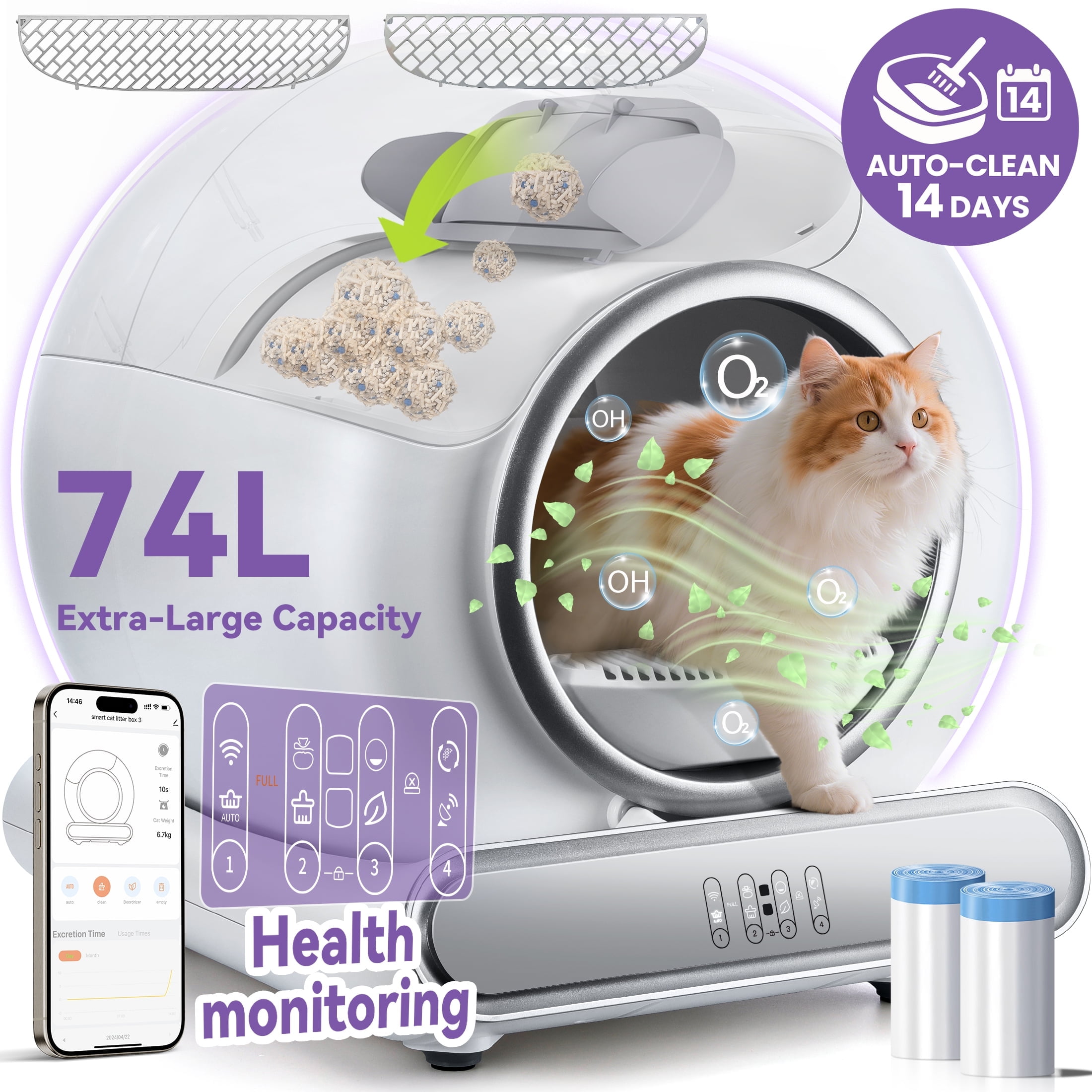 Automatic Cat Litter Box, Self-Cleaning Litter Box, Wifi-Enabled with 2.4G APP Control, Designed for Multiple Cats, Odor Removal, No-Disturb, Sensor Safety, Large 65+9L Capacity