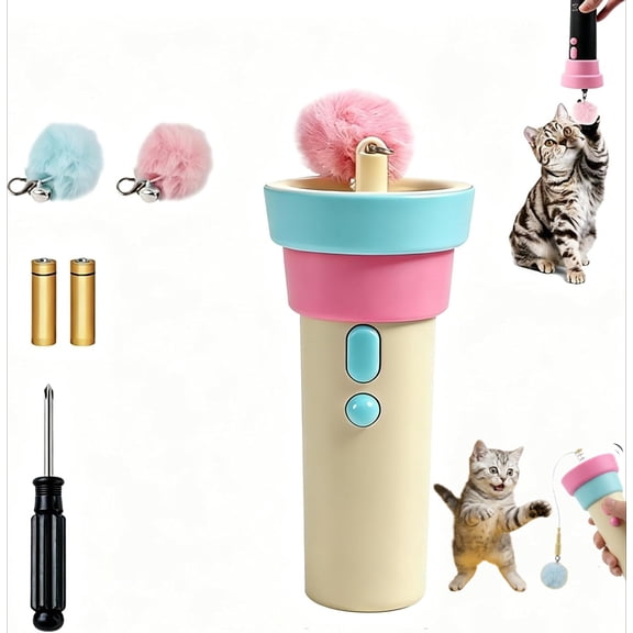 Automatic Cat Teaser Launcher, Electric Cat Wand Toy for Indoor Cats and Dogs, Interactive Retractable String Launcher with Plush Pom Pom Replacement Heads, Feline Enrichment Exercise Toy