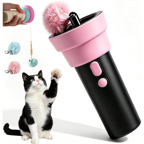 Automatic Cat Teaser Launcher – Electric Cat Wand Toy with Retractable Rope & Replaceable Pom-Pom Ball, Interactive Automatic Cat Toy for Indoor Cats, Exercise, Hunting Play & Daily Activity (Black)