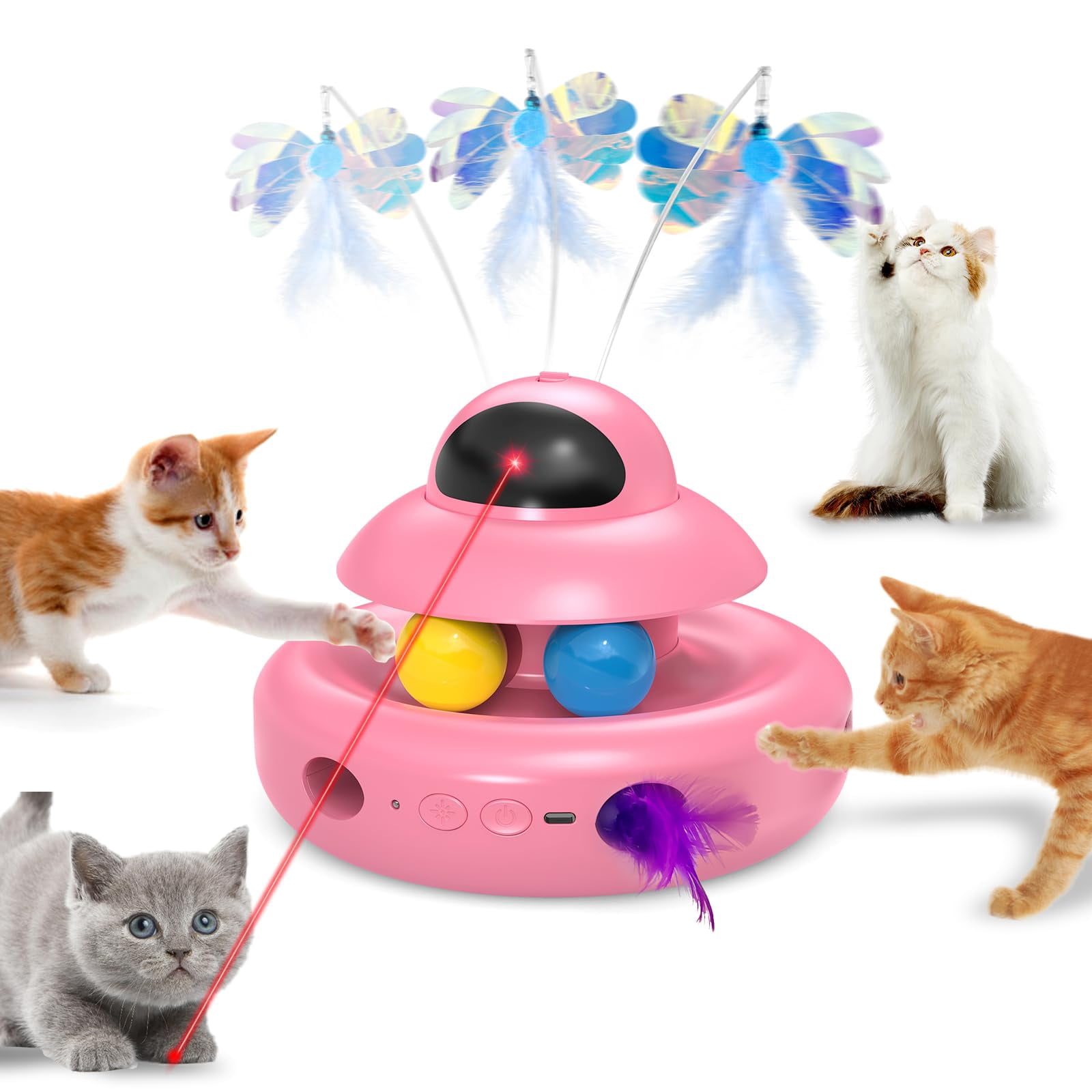 Automatic Cat Toys 4-in-1 Interactivecat For Bored Indoor Adult Cats  Electric Flying Butterfly Rechargeable Moving Ambush Pink Kitter Track Balls