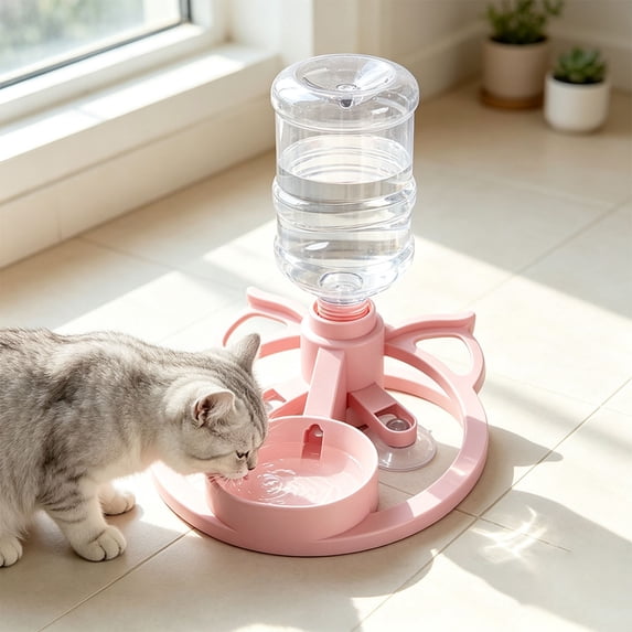 Automatic Cat Water Dispenser with Stand - No-Spill Tipping Water Bottle Bowl, Stable Pet Feeding Station for Cats and Puppies, Portable Hydration Solution for Home Balcony Travel, Pink