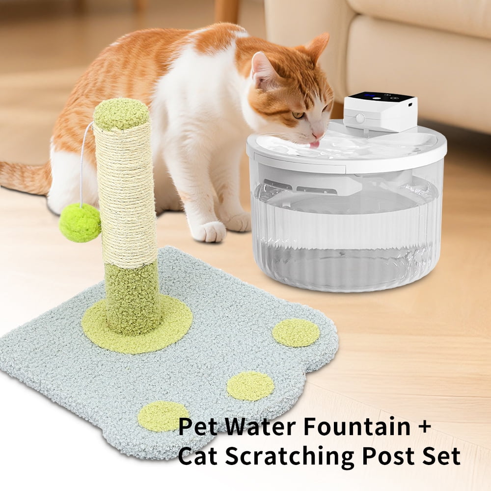 Automatic Cat Water Fountain + Scratching Tower, 2000ML Transparent Tank with Motion Sensor, No Daily Refills Needed, Leak-Proof Quiet Pump