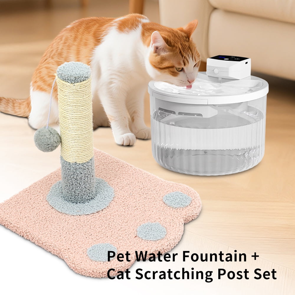 Automatic Cat Water Fountain + Scratching Tower, 2000ML Transparent Tank with Motion Sensor, No Daily Refills Needed, Leak-Proof Quiet Pump