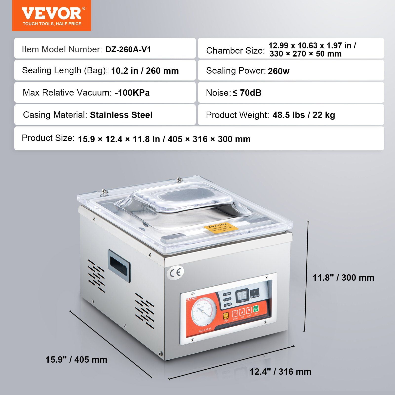 Automatic Chamber Vac Sealer, 6.5 m³/h Pump, DZ-260A Model, Food Saver for Meat & Fruit, 110V