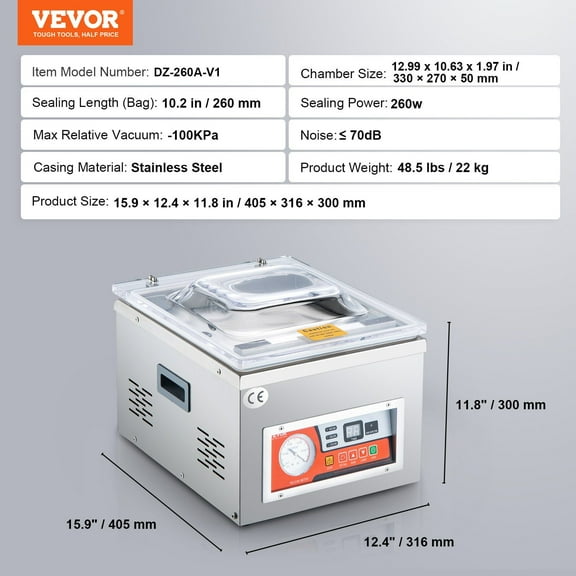 Automatic Chamber Vac Sealer, 6.5 m/h Pump, DZ-260A Model, Food Saver for Meat & Fruit, 110V