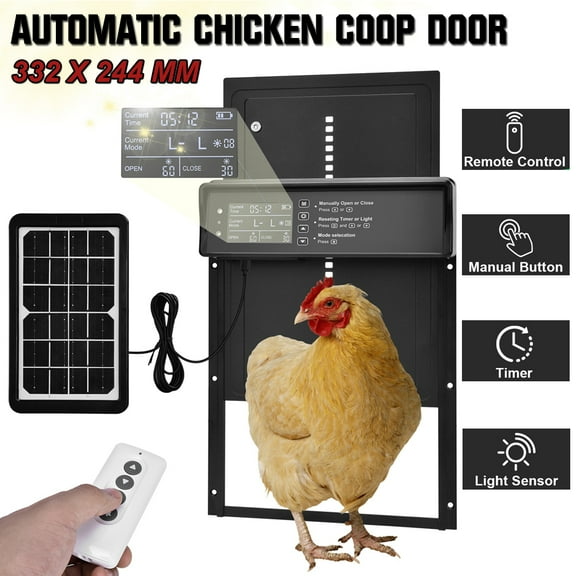 Automatic Chicken Coop Door, Solar Powered Chicken Coop Door Opener with Timer/Light Sensor/Remote Control, Aluminum Door for Poultry, Anti-Pinch, Waterproof, Multi-Mode
