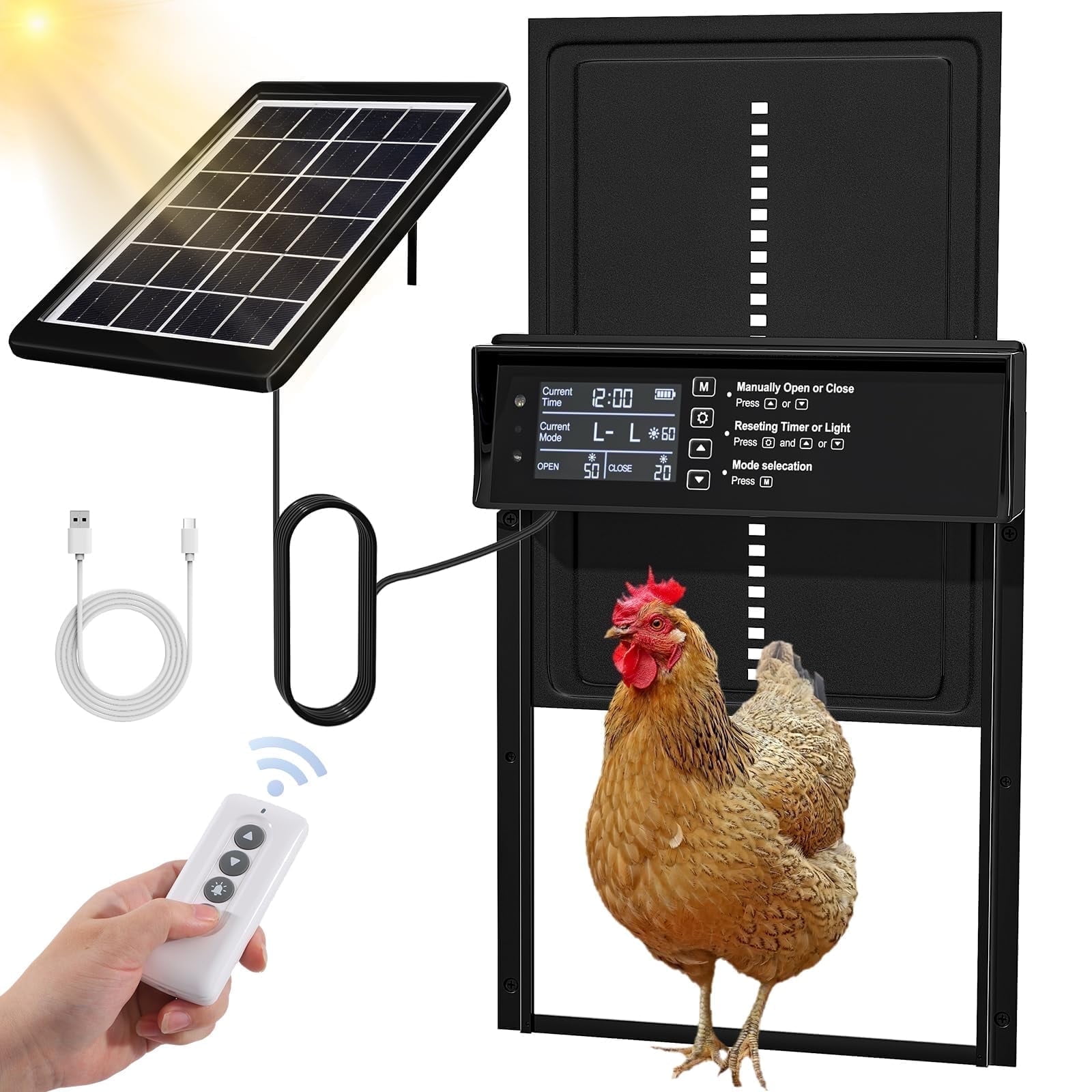 Automatic Chicken Coop Door Solar Powered, LCD Display Automatic Chicken Door with Timer \u0026 Light Sensor, Aluminum Alloy Chicken Door with Remote Control \u0026 4 Modes Automatic Chicken Door Solar