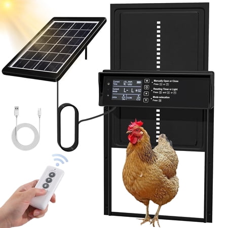 Automatic Chicken Coop Door Solar Powered, LCD Display Automatic Chicken Door with Timer & Light Sensor, Aluminum Alloy Chicken Door with Remote Control & 4 Modes Automatic Chicken Door Solar