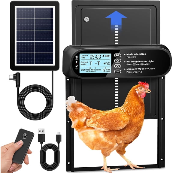 Automatic Chicken Coop Door Solar Powered, LCD Screen Electric Auto Chicken Coop Door with Timer & Light Sensor, Aluminum Rechargeable Auto Chicken Door Opener with Remote Control & 4 Modes
