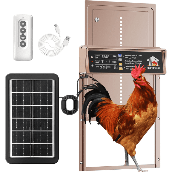 Automatic Chicken Coop Door Solar Powered with Timer & Light Sensor, LCD Display, Remote Control, 4 Modes Aluminum Alloy Auto Chicken Coop Door Solar, Anti-Pinch & Weather Proof, Gold