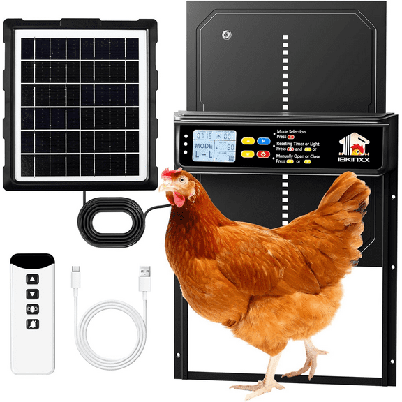 Automatic Chicken Coop Door Solar Powered with Timer, Light Sensor, Remote Control, LCD Display, Aluminum Alloy 4 Auto Modes Wide Chicken House Door, Anti-Pinch, Weatherproof, USB Backup, Black