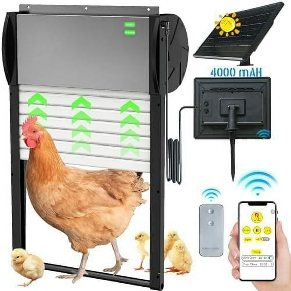 Automatic Chicken Coop Door Solar Powered with Timer, Programmable Light Sensor Openers with Remote Control, Anti-Pinch Aluminum Auto Chicken Coops Doors with 5 Modes for Farm, Outdoor, Yard, Gray