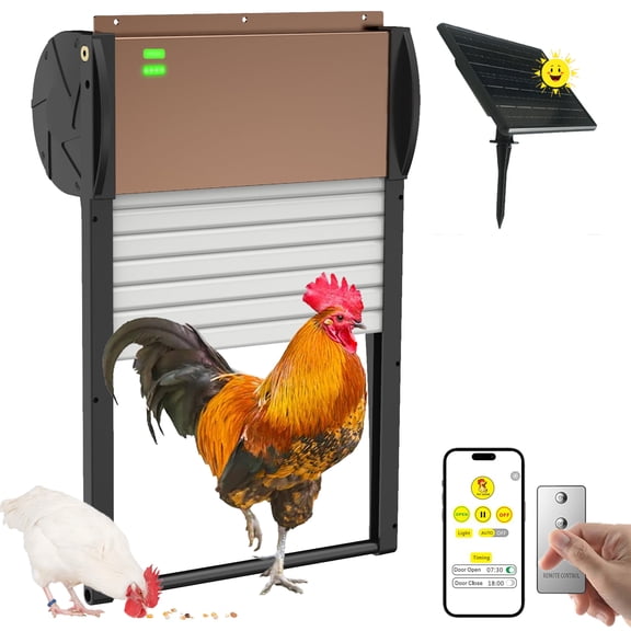 Automatic Chicken Coop Door Solar Powered with Timer, Programmable Light Sensor Openers with Remote Control, Anti-Pinch Aluminum Auto Chicken Coops Doors with 5 Modes for Farm, Outdoor, Yard