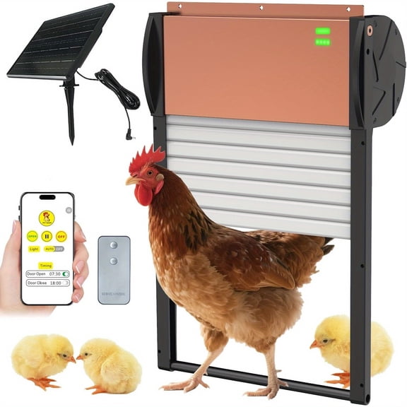 Automatic Chicken Coop Door Solar Powered with Timer, Programmable Light Sensor Openers with Remote Control, Anti-Pinch Aluminum Auto Chicken Coops Doors with 5 Modes for Farm, Outdoor, Yard