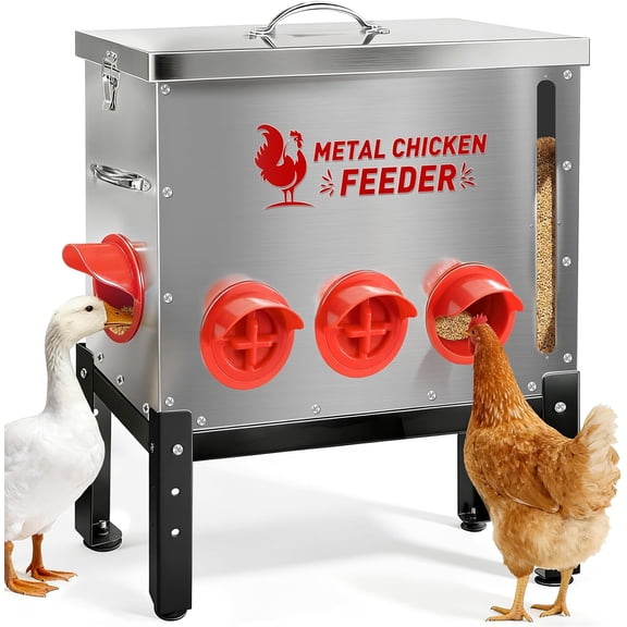 Automatic Chicken Feeder 50 LB Large Capacity with Window 8 Feeding Ports & Buckle Lock Lid and Adjustable Height Stand Chicken Feeder for Chickens Geese Ducks & Poultry(Silver)