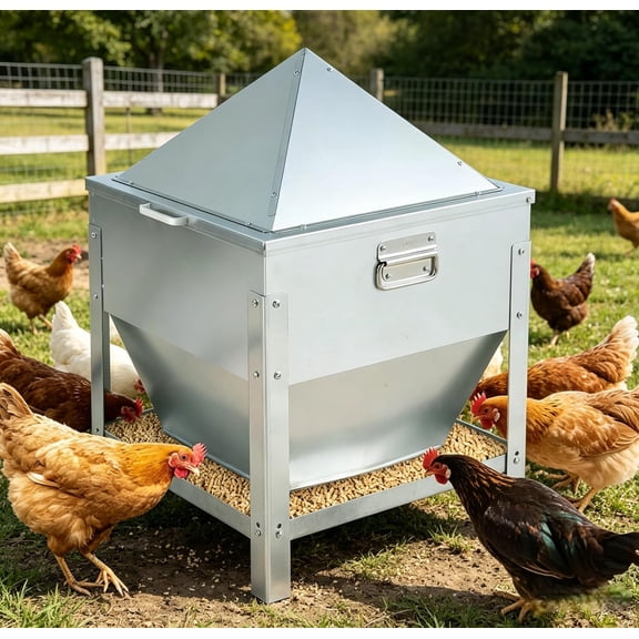 Automatic Chicken Feeder 80LBS, Galvanized Metal Gravity Feeder with 4-Sided Troughs, Waterproof Locking Lid, No Waste Poultry Feeder for Backyard Coops, Free-Range & Small Farms