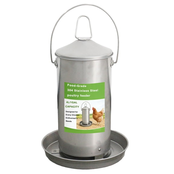 Automatic Chicken Feeder, 4L / 1 Gallon Capacity – 304 Stainless Steel Poultry Feeder with Cone Top – Metal Feed Dispenser for Chickens, Ducks, Hens, and Backyard Flocks