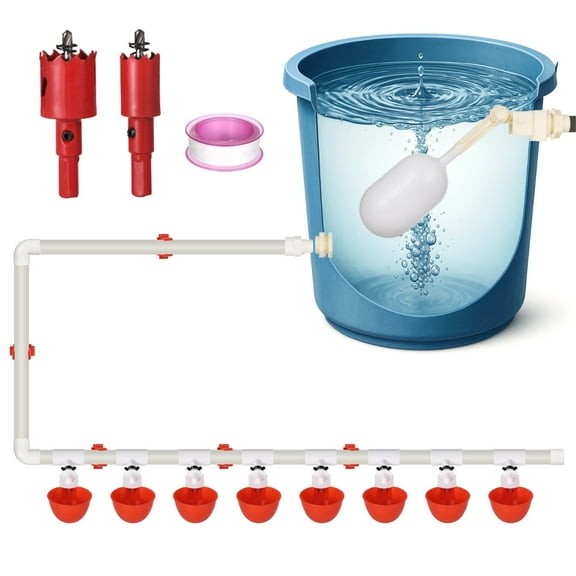Automatic Chicken Waterer System, Complete PVC Pipelines Set with 8 Deep Drinking Cups, T Connectors, Float Valve, Automatic Pipe Feeder Poultry Watering Kit, Easy DIY Setup