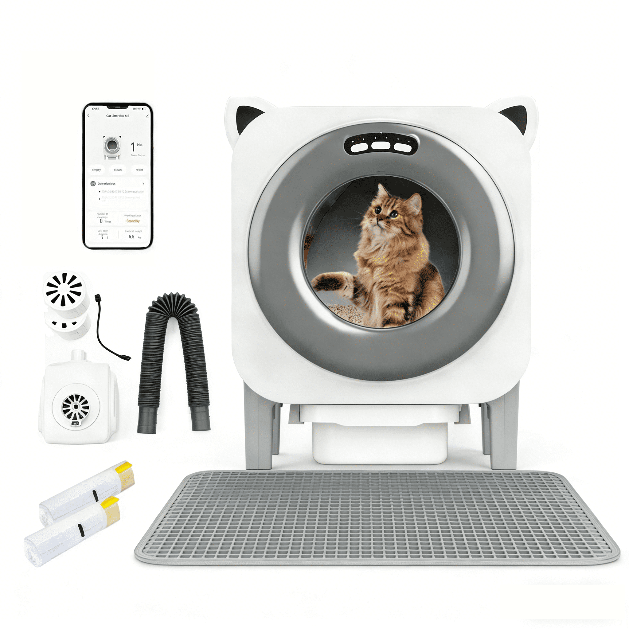 Automatic Cleaning Cat Litter Box 69L Smart Kitty Litter box Self cleaning with Odor Purification System and Waste Bag APP Control Health Monitoring