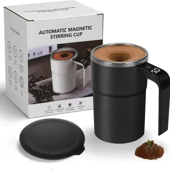 Automatic Coffee Cup Stainless Steel Self Stirring Mug with Lid Auto Stir Heating LED Temperature Display-black