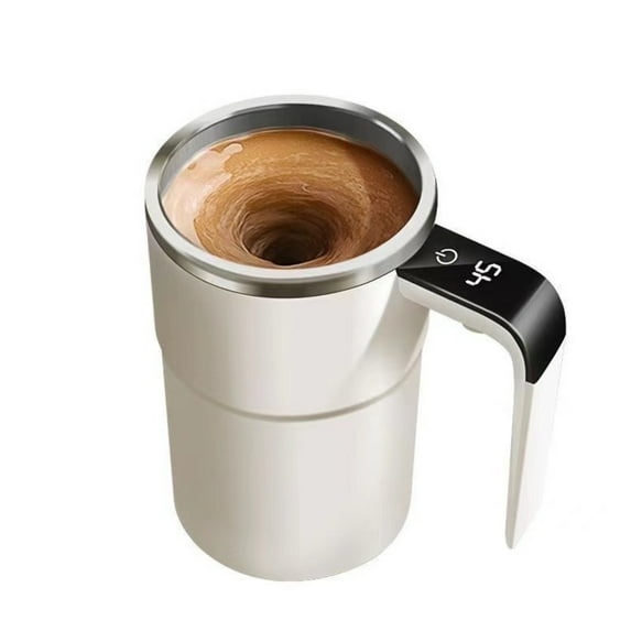 Automatic Coffee Cup Stainless Steel Self Stirring Mug with Lid Auto Stir Heating LED Temperature Display-white