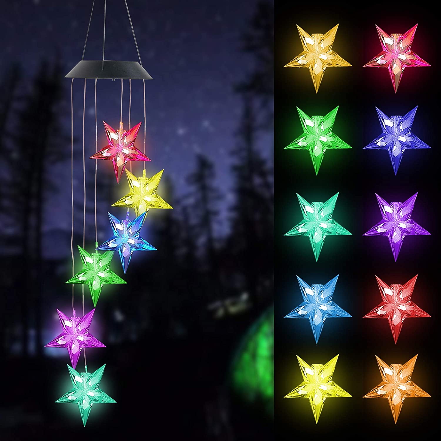 Automatic Color-Changing Star LED Wind Chime，Solar-Powered
