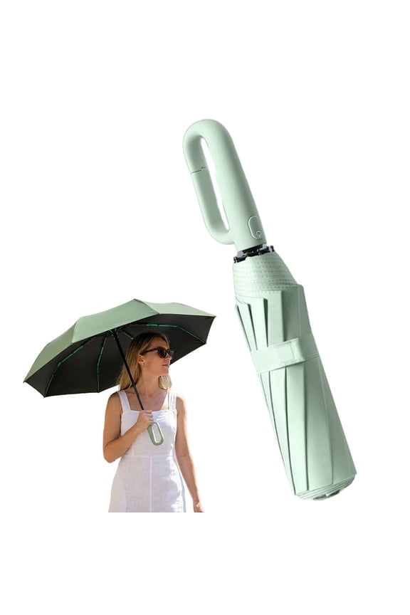 Automatic Compact Folding Umbrella, 10-Rib Windproof Travel Umbrella with Ring Buckle Handle, Reflective Trim & Auto Open Close for Daily Carry
