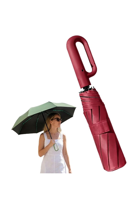 Automatic Compact Folding Umbrella, 10-Rib Windproof Travel Umbrella with Ring Buckle Handle, Reflective Trim & Auto Open Close for Daily Carry