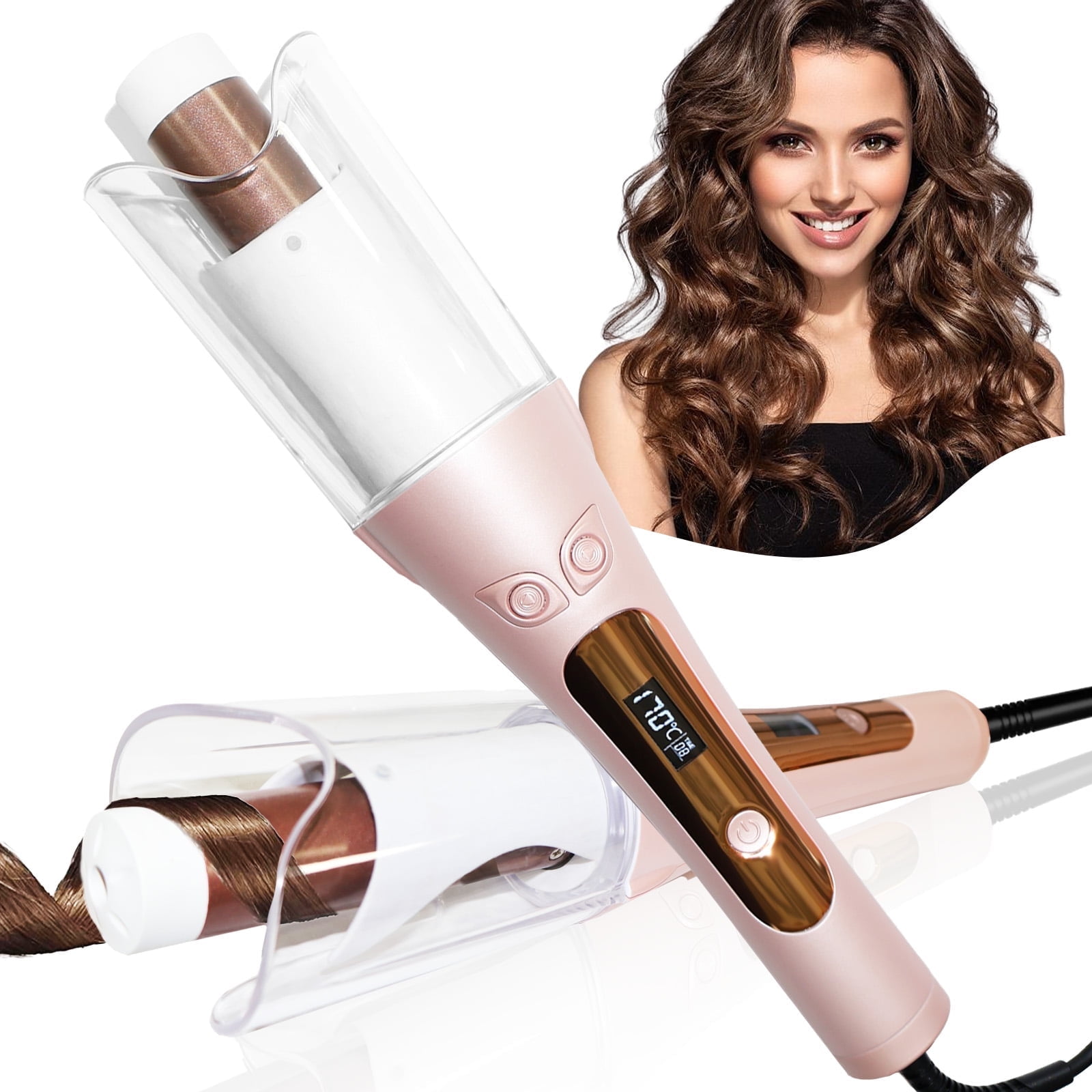 Automatic Curling Iron, Jungle Wave Professional Hair Curler with Large Rotating Barrel for Hair Styling, Pink