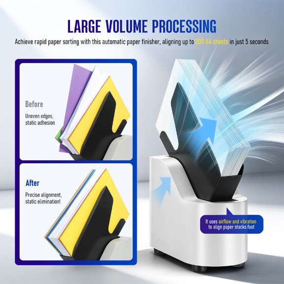 Automatic Desktop Paper Jogger for Document Alignment & Organization, Paper Joggers with 300 Sheet Large Load, 6000R/Minute, 5s Fast Alignment for A4 Paper Sizes