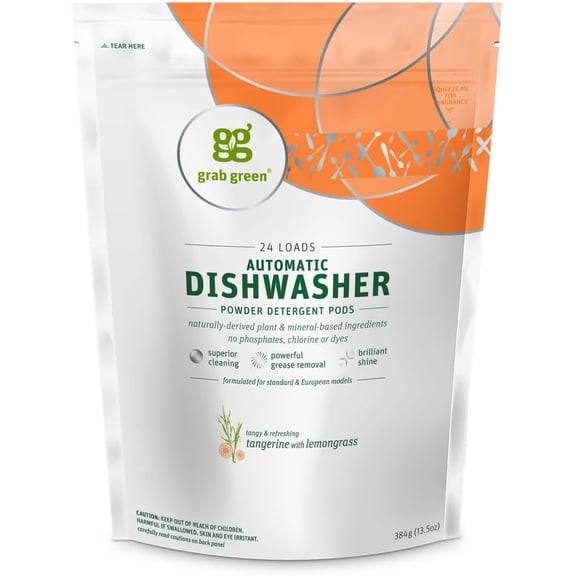 Automatic Dishwashing Detergent Pods, 24 Count, Tangerine Lemongrass Scent, Plant and Mineral Based, Superior Cleaning, Powerful Grease Removal, Brilliant Shine