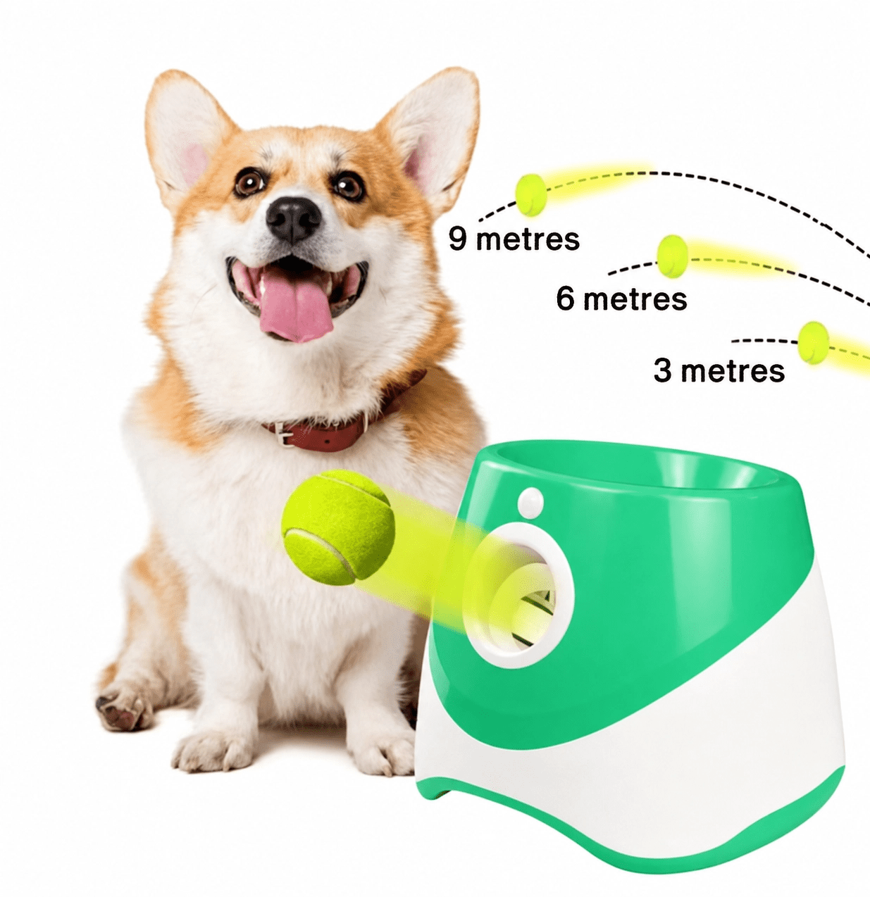 Automatic Dog Ball Launcher with 3 Distance Settings, Includes 3 Mini Tennis Balls(2lnches), Interactive Indoor Outdoor Dog Toy, ultiple Color Options, Green