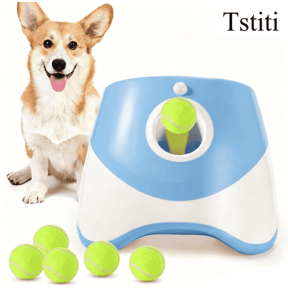 Tstiti Automatic Dog Ball Launcher with 3 Distance Settings, Includes 3 Mini Tennis Balls, Interactive Indoor Outdoor Dog Toy, Blue