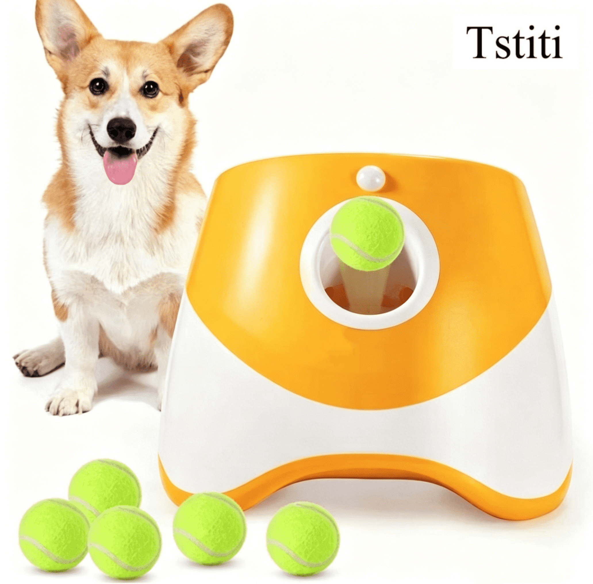 Tstiti Automatic Dog Ball Launcher with 3 Distance Settings, Includes 3 Mini Tennis Balls, Interactive Indoor Outdoor Dog Toy, Orange