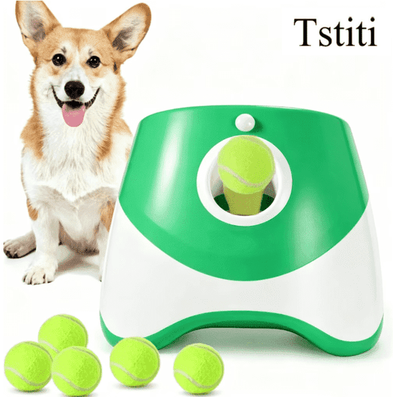 Tstiti Automatic Dog Ball Launcher with 3 Distance Settings, Includes 3 Mini Tennis Balls, Interactive Indoor Outdoor Dog Toy, Green