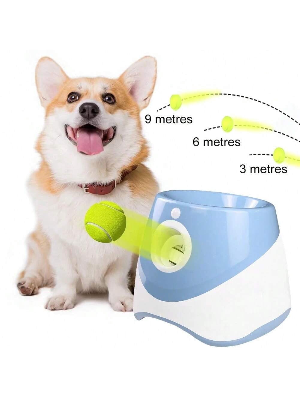 Automatic Dog Ball Launcher with 3 Distance Settings, Includes 3 Mini Tennis Balls, Interactive Indoor Outdoor Dog Toy, Blue