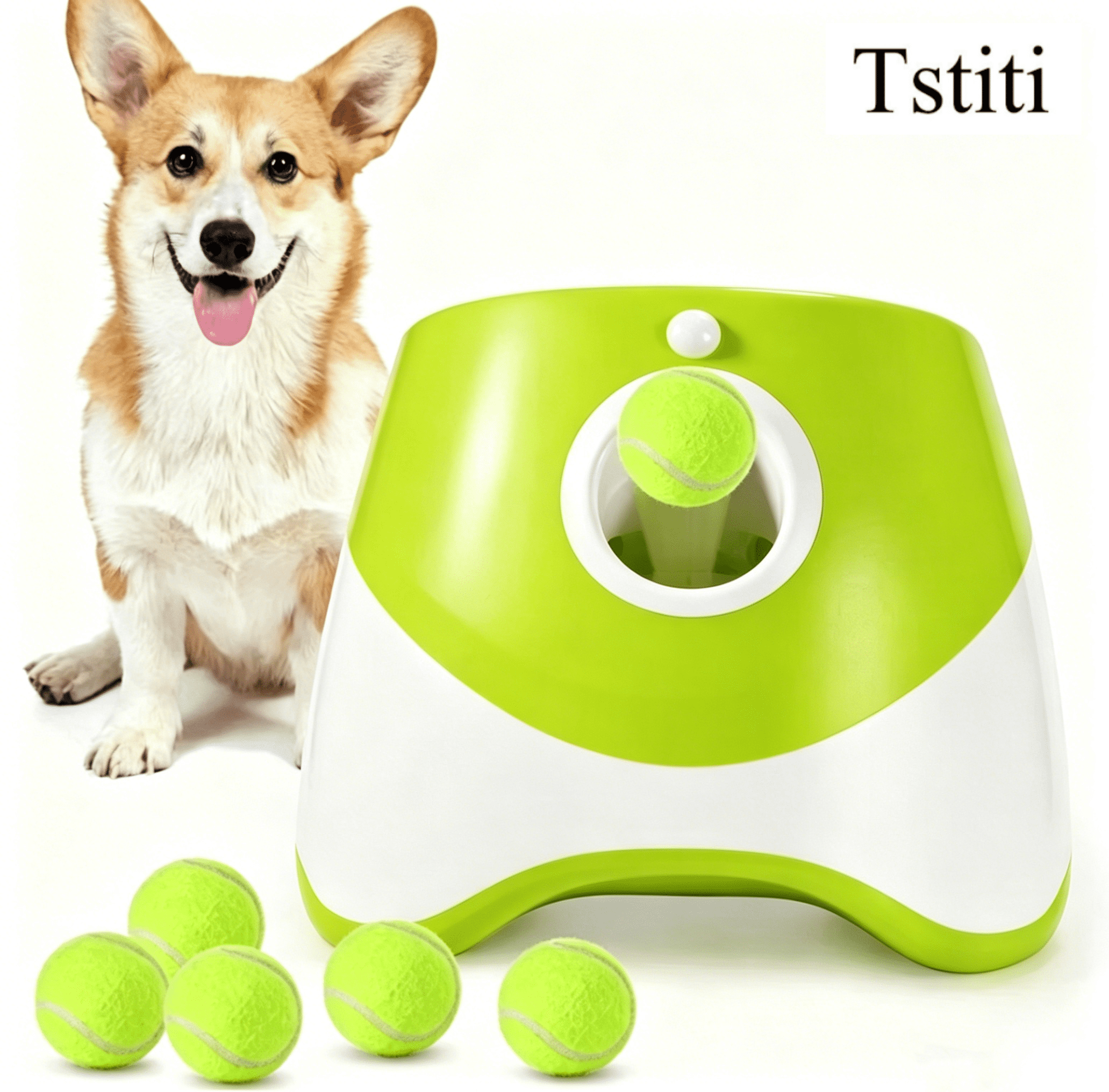 Tstiti Automatic Dog Ball Launcher with 3 Distance Settings, Includes 3 Mini Tennis Balls, Interactive Indoor Outdoor Dog Toy, Light Green